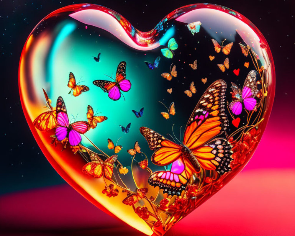 Colorful Butterflies in Vibrant Glass Heart on Red and Blue Background