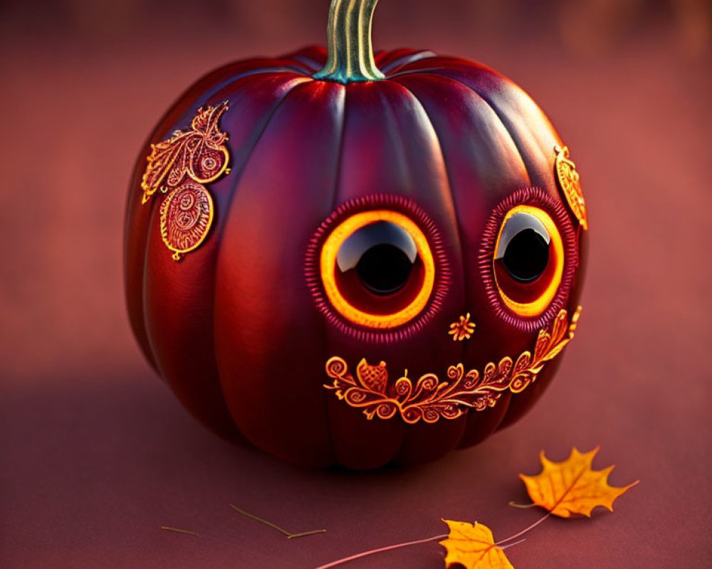 Intricately decorated gold-patterned pumpkin with whimsical eyes on autumn leaves