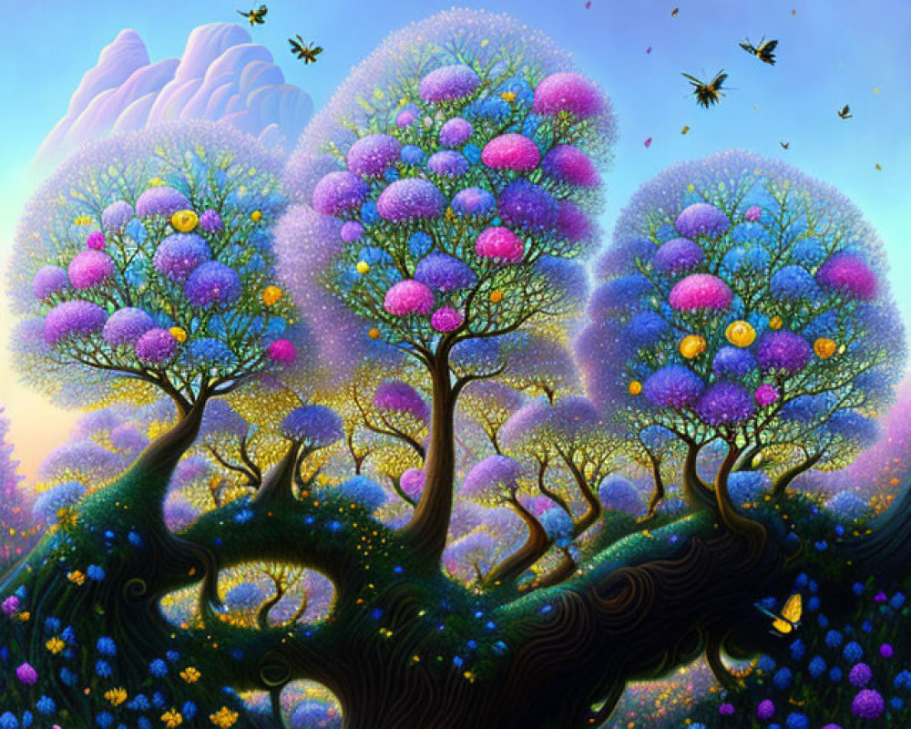 Colorful Blooming Trees in Fantasy Landscape with Flowers and Butterflies