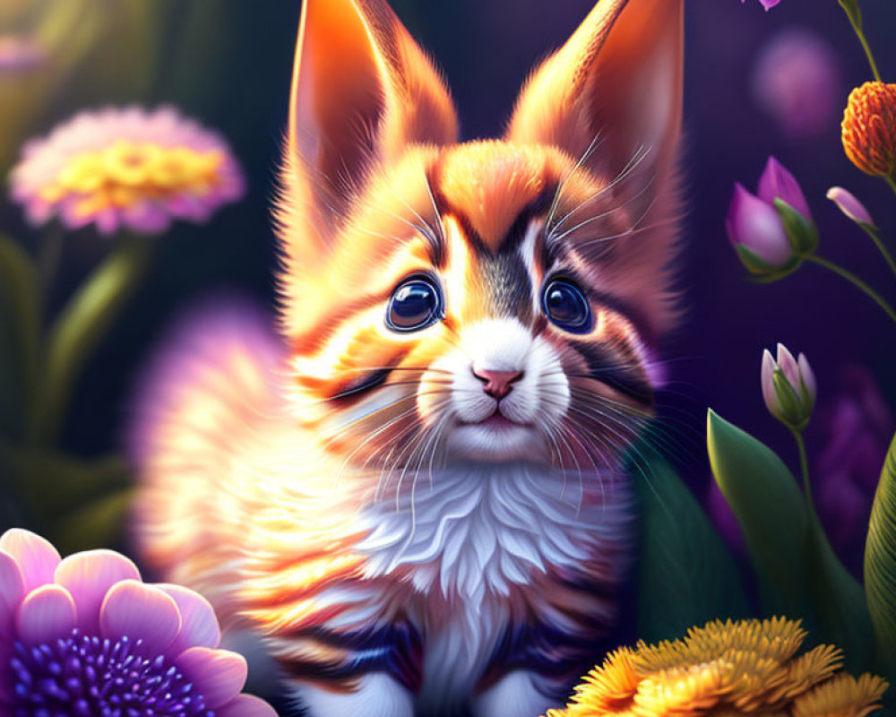 Illustration of kitten-bodied creature with rabbit ears in colorful flower setting