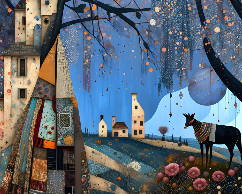 Whimsical landscape with patterned trees, lanterns, patchwork deer, and houses