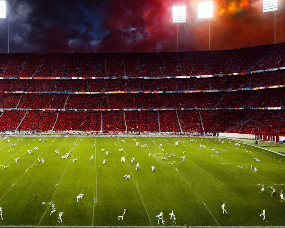 Packed Football Stadium with Dramatic Gameplay under Vibrant Skies