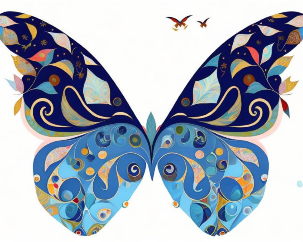 Colorful butterfly illustration with intricate patterns and birds on white background