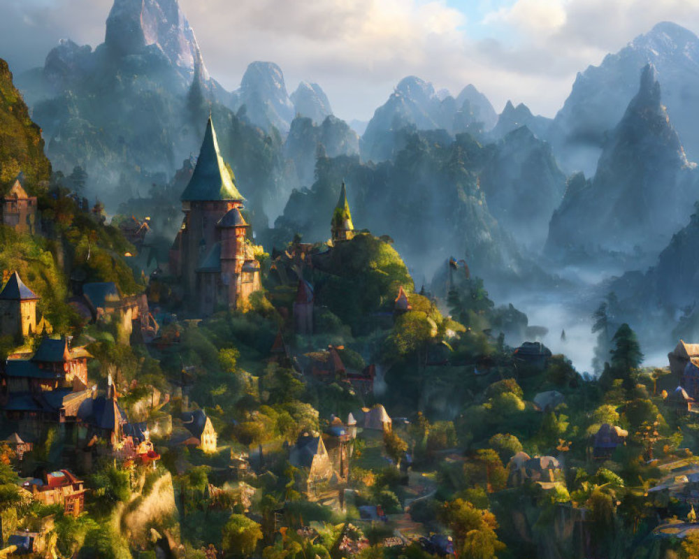 Mystical village with castle and mountains at sunrise