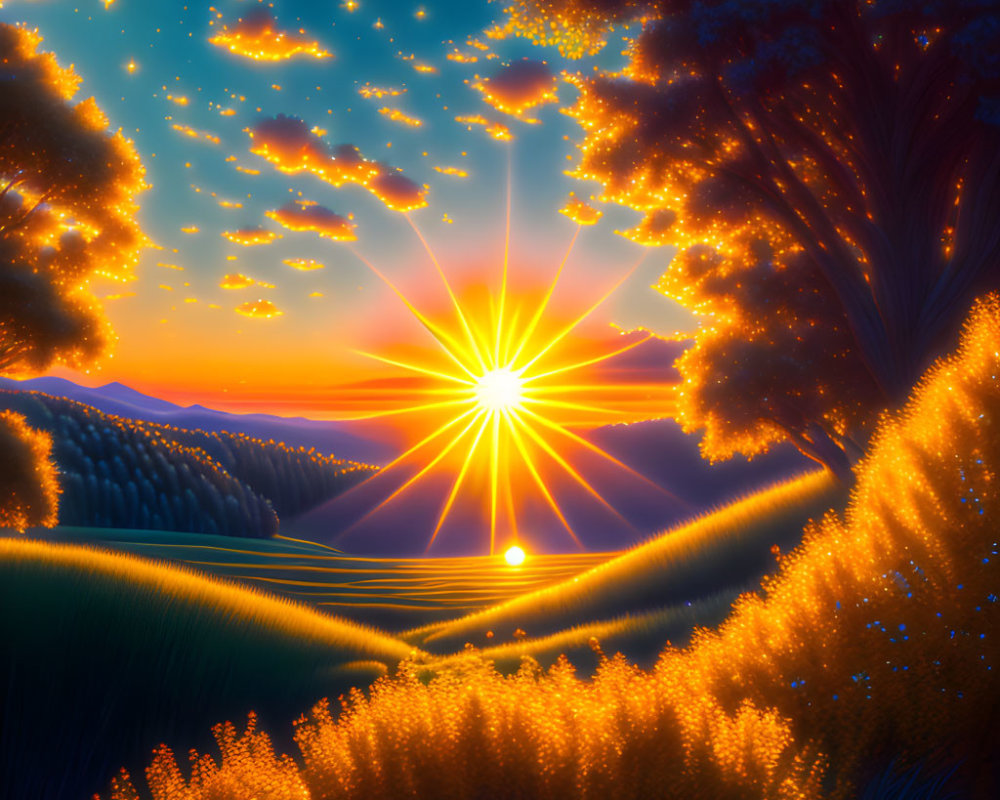 Colorful digital artwork: Sunset rays through tree silhouette over starry field