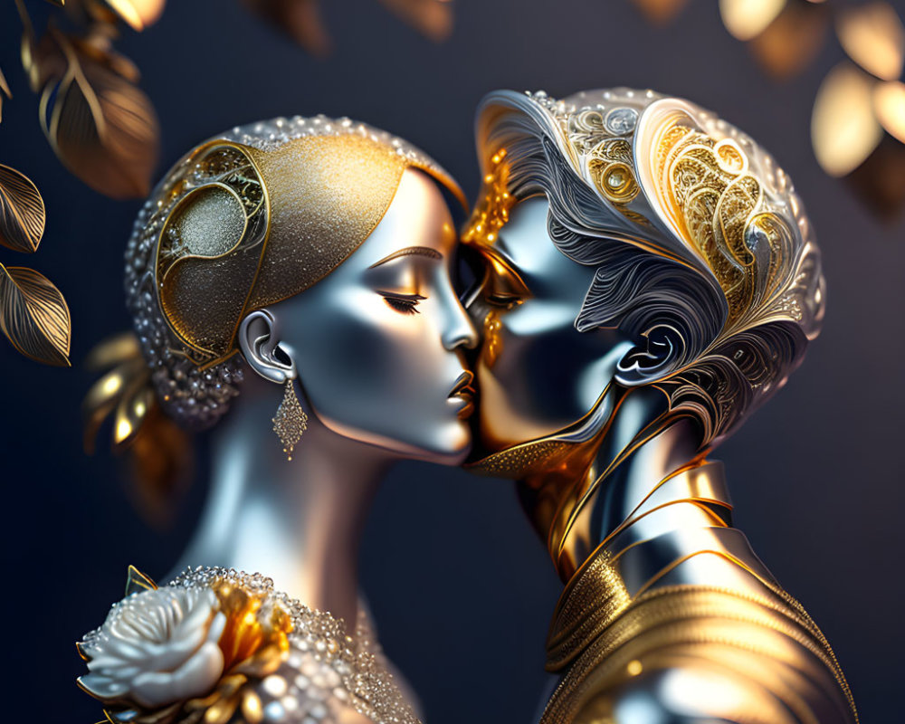 Metallic humanoid figures in romantic pose amid golden foliage