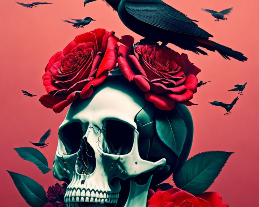 Digital art: Human skull with red roses, black raven, flying birds on pink backdrop