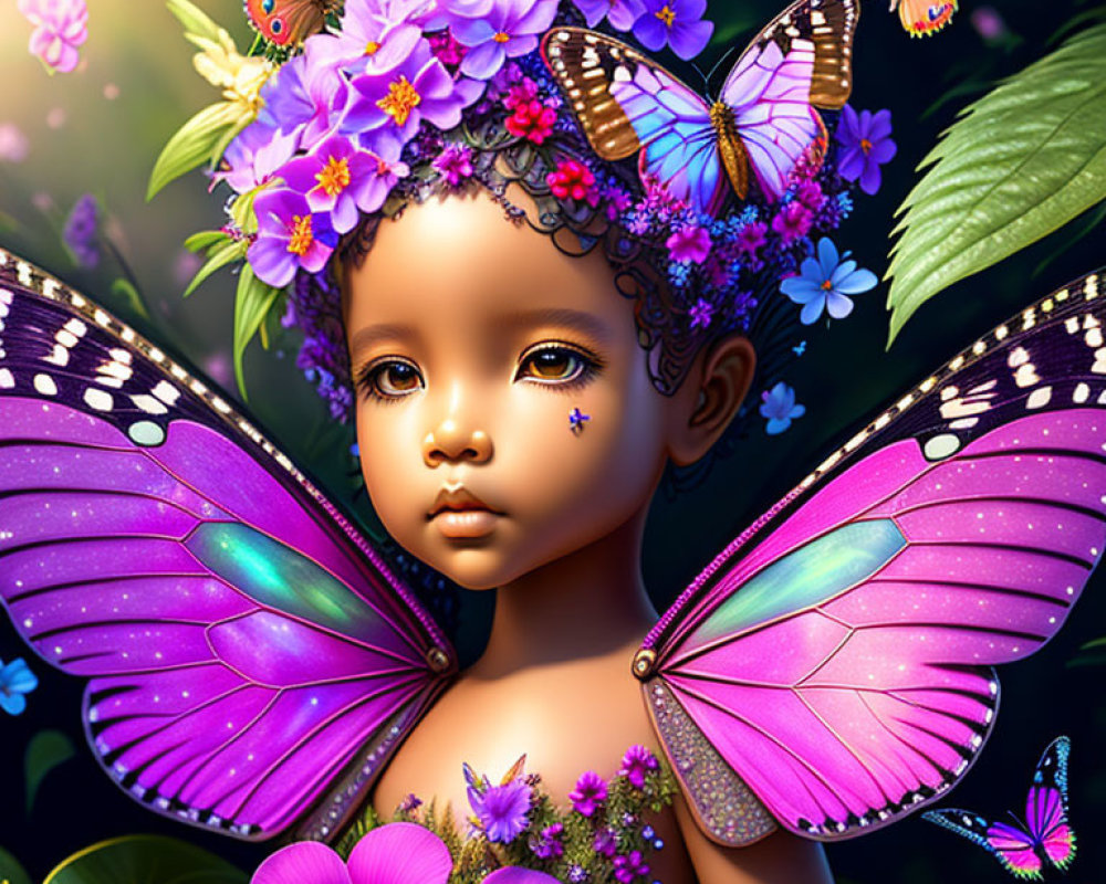 Child with fairy wings and floral butterflies in digital illustration