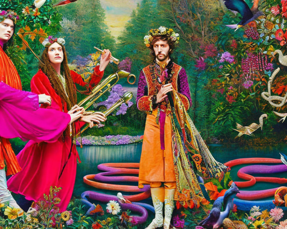 Three people in ornate Renaissance attire with vibrant flora and fauna in a fantastical forest.