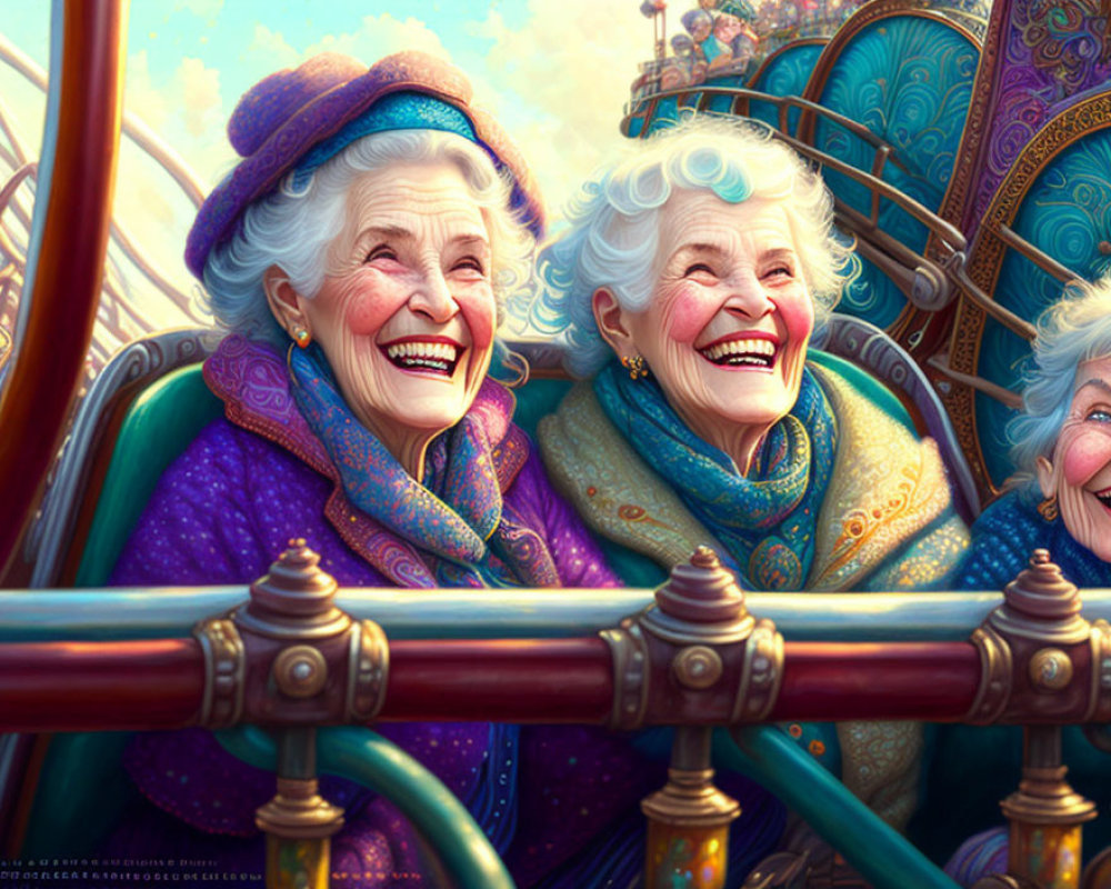 Elderly ladies in blue and purple hats having fun on amusement park ride