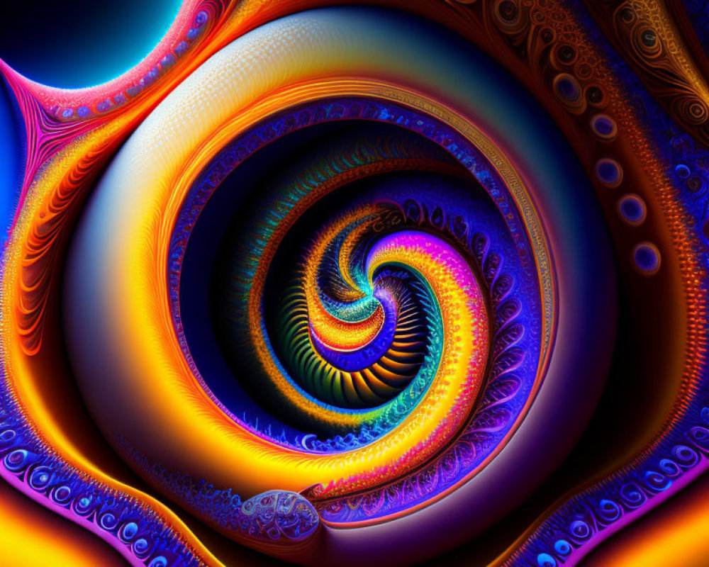 Colorful fractal image with spiraling blue, purple, and orange hues.