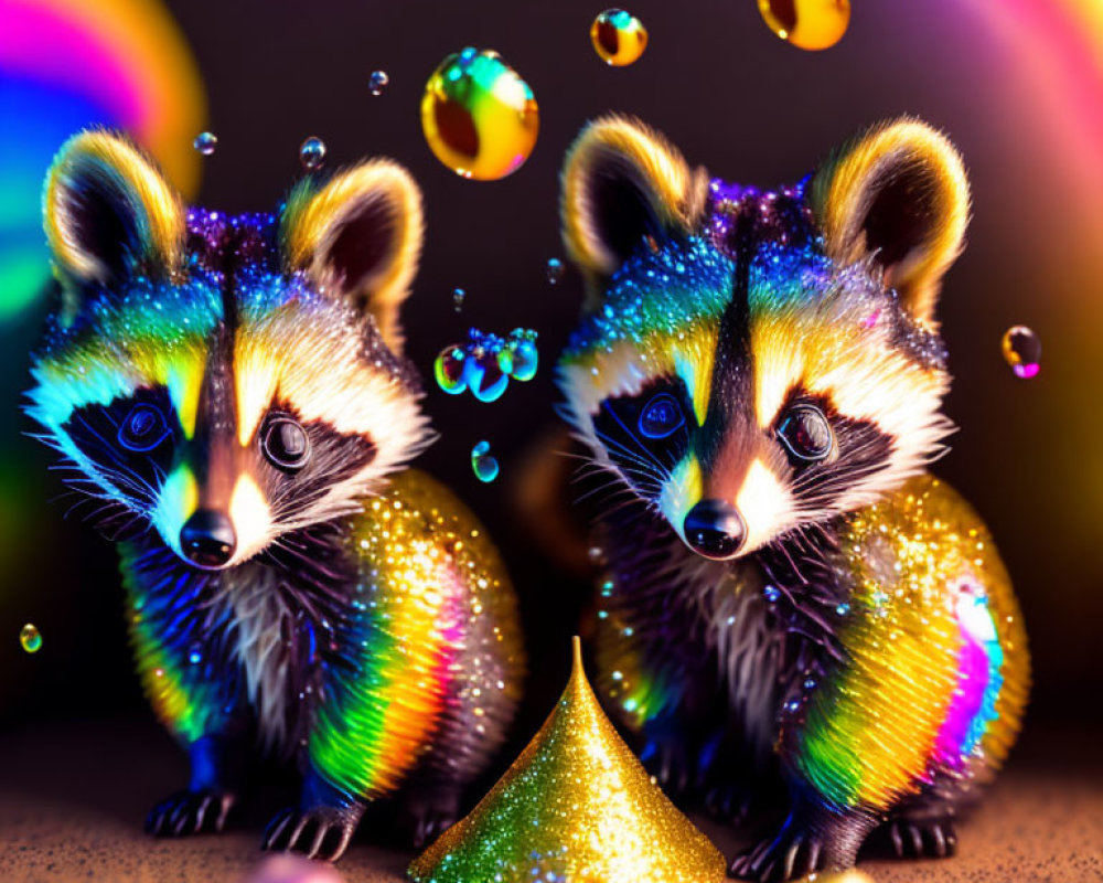 Glittery raccoons with shiny pyramid and colorful bubbles on kaleidoscopic background