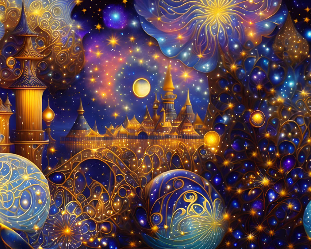 Fantasy illustration of ornate castle surrounded by celestial bodies