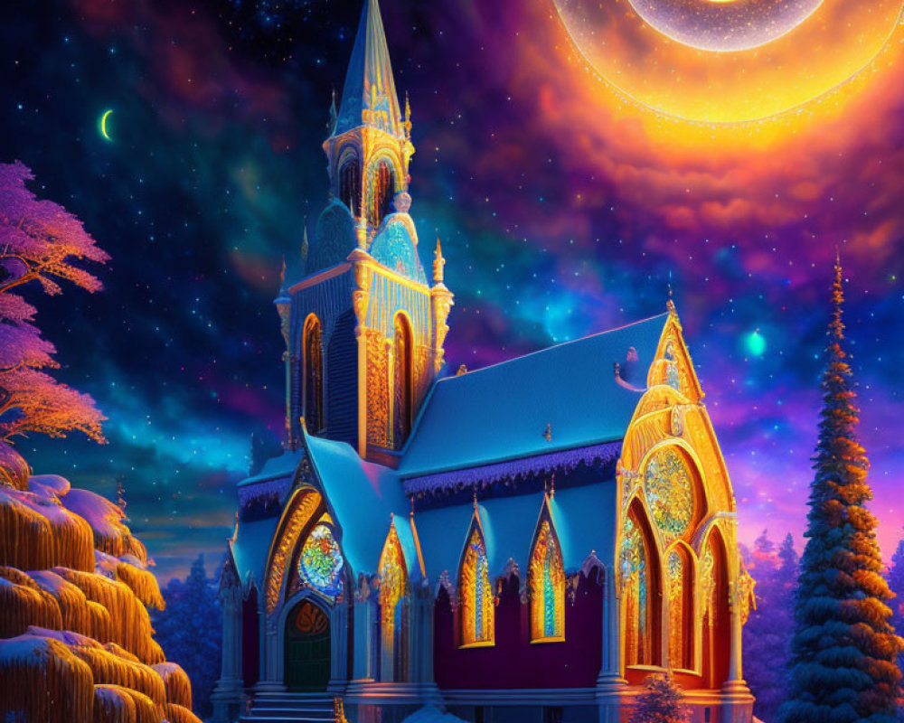 Vibrant gothic church illustration in winter night landscape