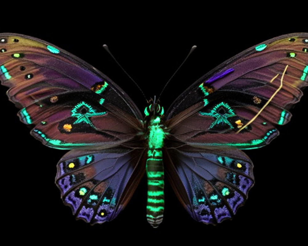 Colorful Butterfly with Purple, Brown, and Blue Wings on Black Background