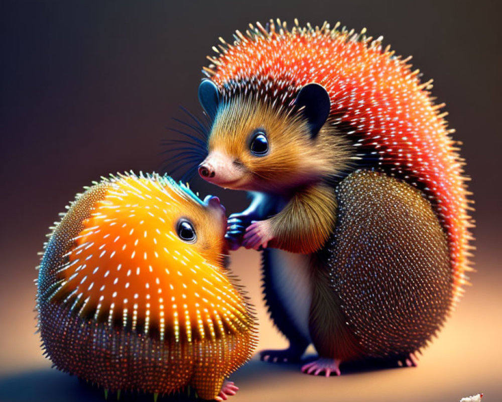 Vibrant animated hedgehogs interact gently in stylized image