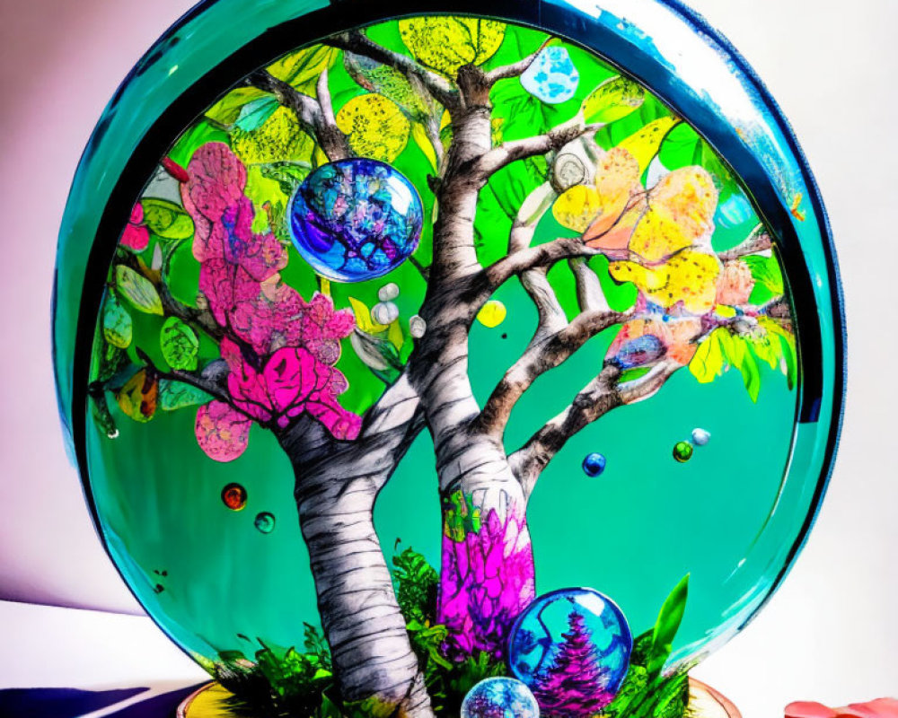 Colorful Tree Glass Painting on Wooden Stand Against Teal Background