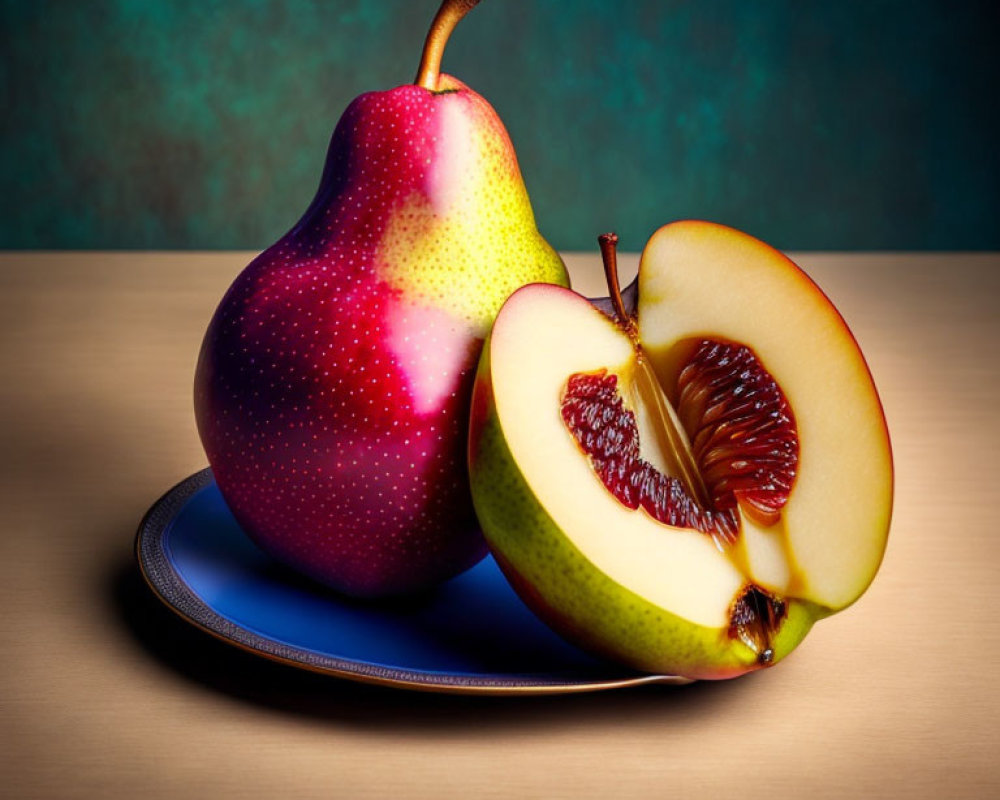 Fresh pear and sliced apple on vibrant plate with textured backdrop