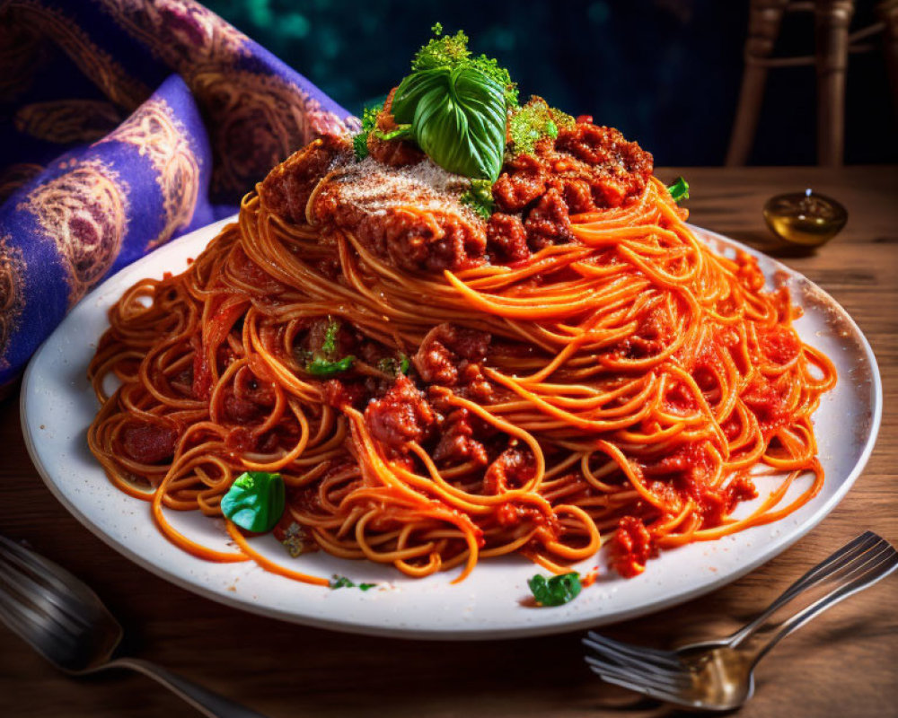 Plate of Spaghetti with Meat Sauce and Cheese on Wooden Table