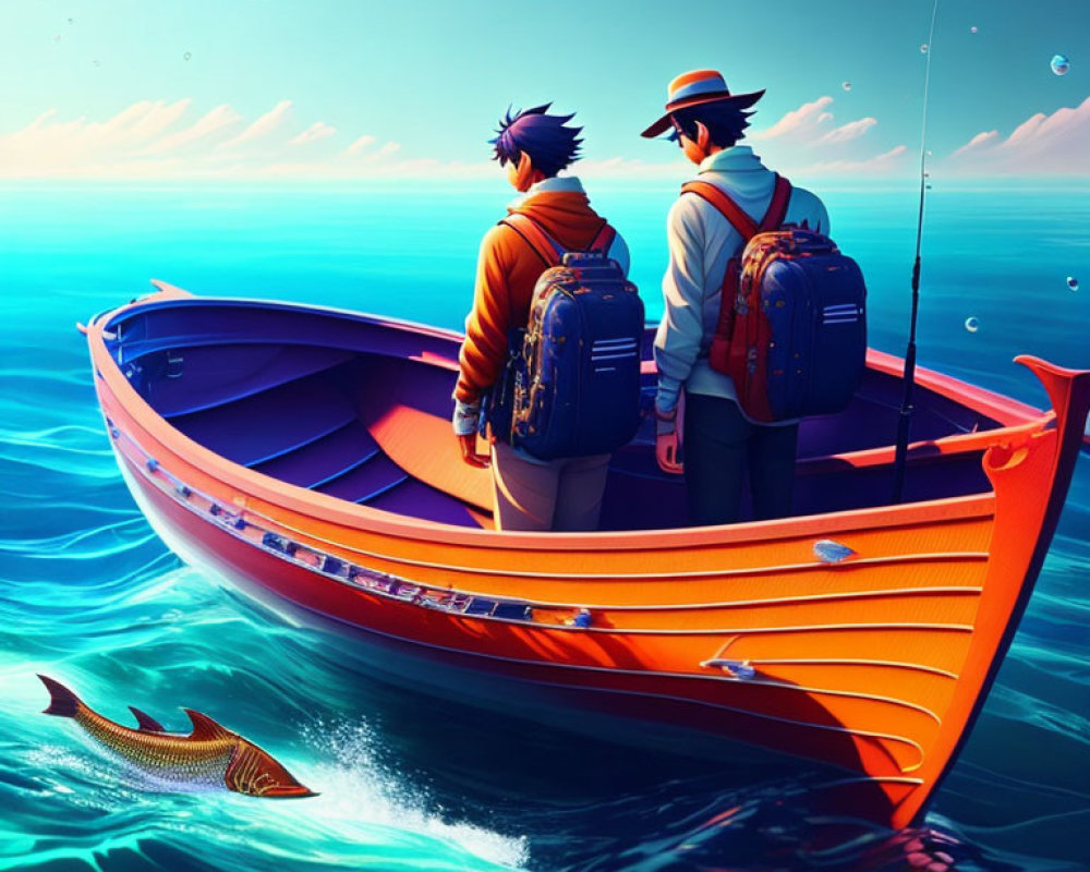 Two individuals fishing on a vibrant orange boat in a clear blue ocean