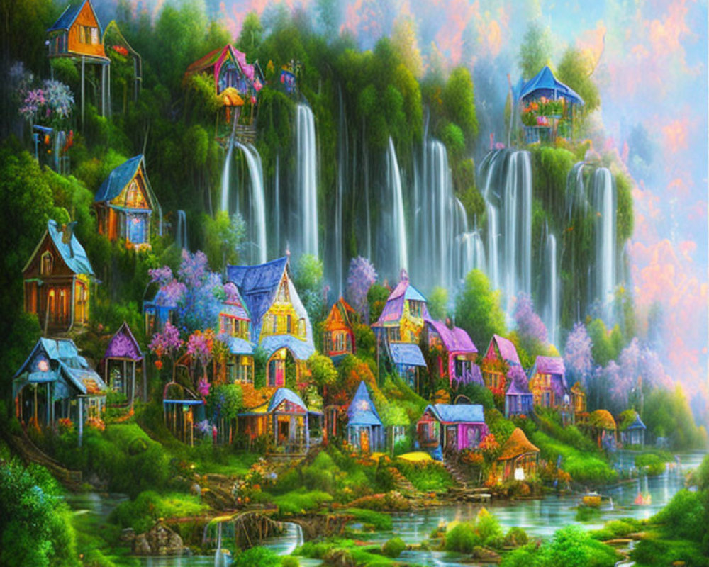 Colorful Cliffside Village with Waterfalls and River in Fantasy Landscape