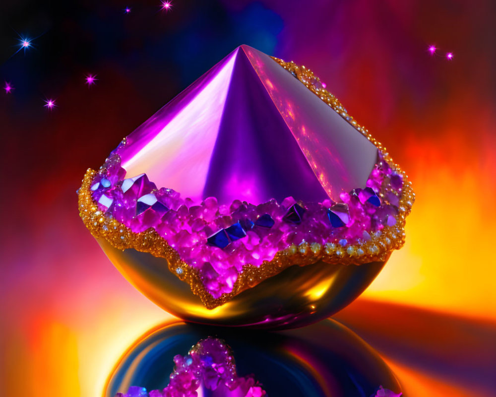 Colorful digital art: Prism gem on golden base with crystals, fiery starry backdrop