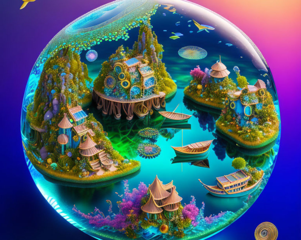 Colorful digital artwork: spherical ecosystem with whimsical architecture, greenery, boats, and water features