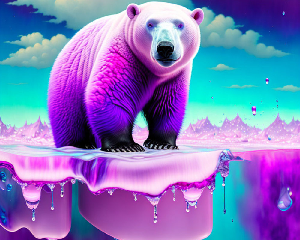 Colorful purple bear on melting glacier under dreamlike sky