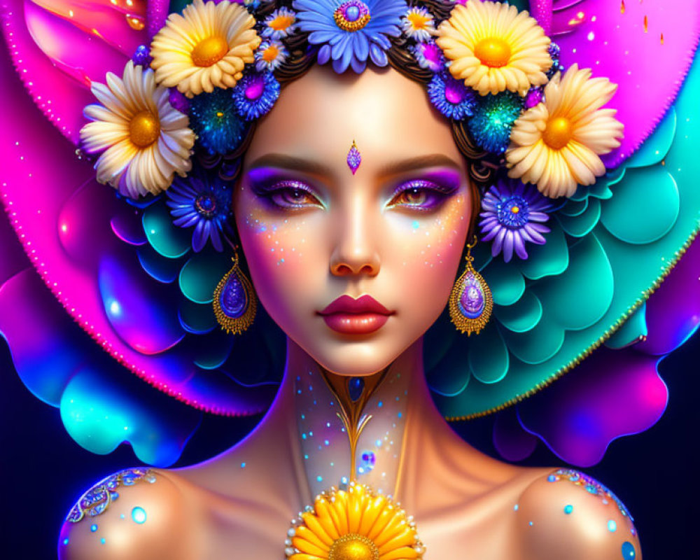 Colorful illustration: woman with floral headdress, blue hair, sparkling skin, and intricate jewelry.