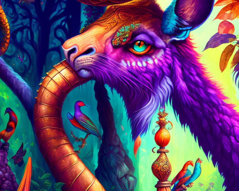 Colorful mythical creature with long horn in lush forest setting