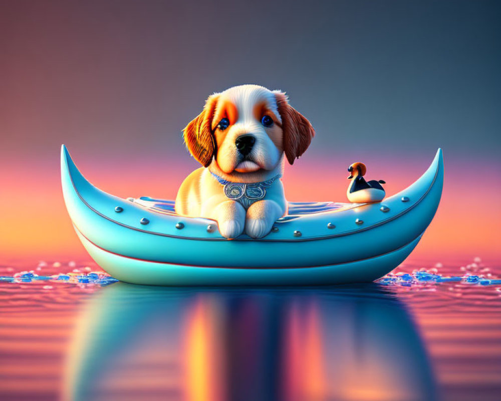 Cartoon puppy in boat with duck on calm water at sunset