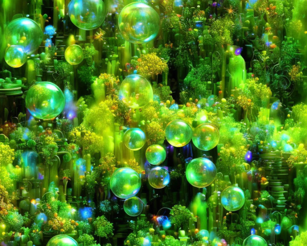 Colorful digital artwork: Translucent bubbles in neon-lit forest