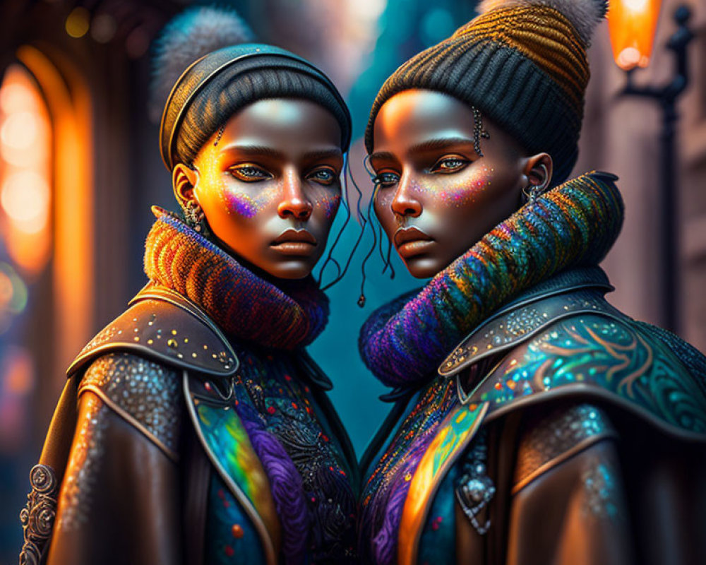 Stylized digital portraits of women with vibrant makeup and winter attire against urban night backdrop