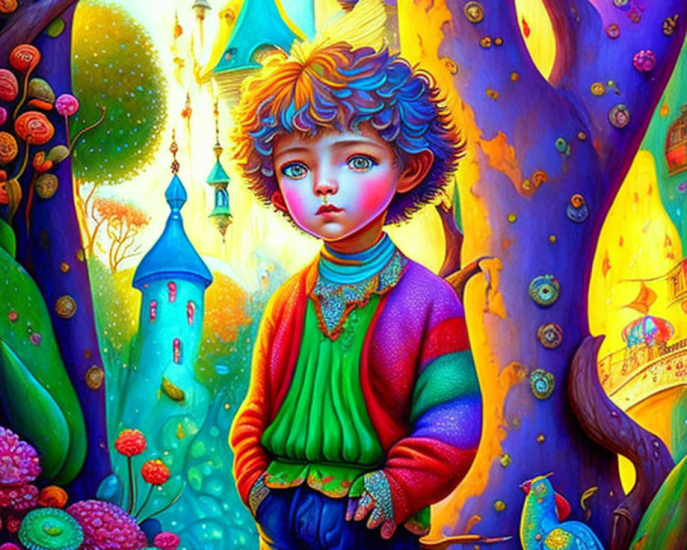 Vibrant painting of child in whimsical fantasy landscape