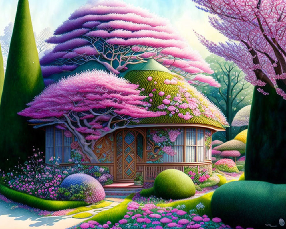 Ornate wooden cottage amidst vibrant pink blossoms