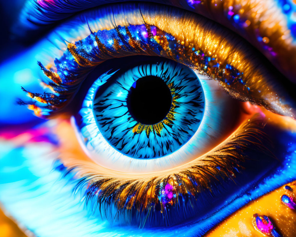 Close-up of Vibrant Eye with Blue Irises and Multicolored Makeup