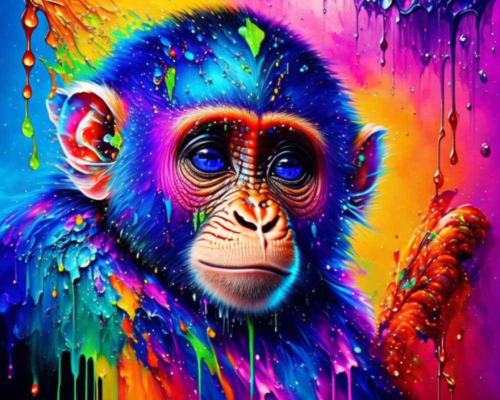 Colorful monkey portrait covered in dripping rainbow paint for a psychedelic look