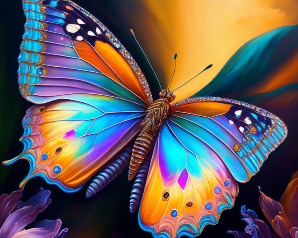 Colorful Butterfly Artwork with Iridescent Wings and Floral Background