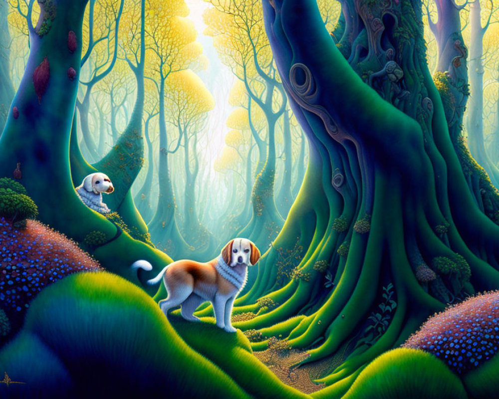 Two puppies in a magical, colorful forest with whimsical trees and glowing foliage