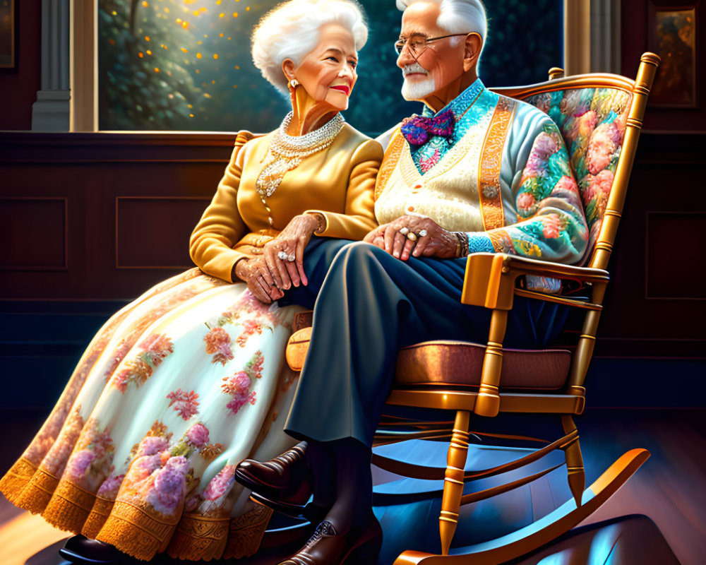 Elderly couple in floral dress and vest share quiet moment in rocking chair