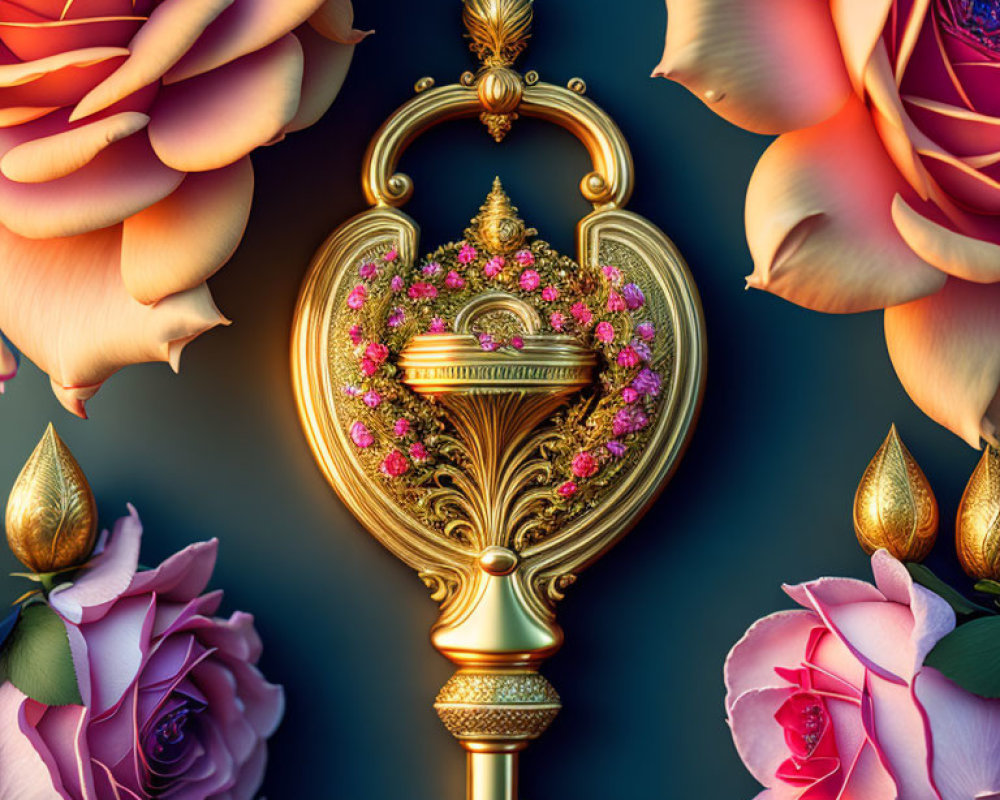 Golden key with roses on blue background and floral patterns