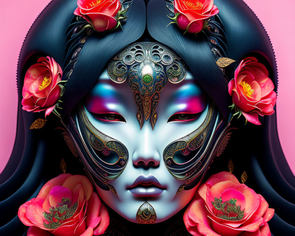 Digital artwork: Woman's face with ornate mask, red roses, pink background