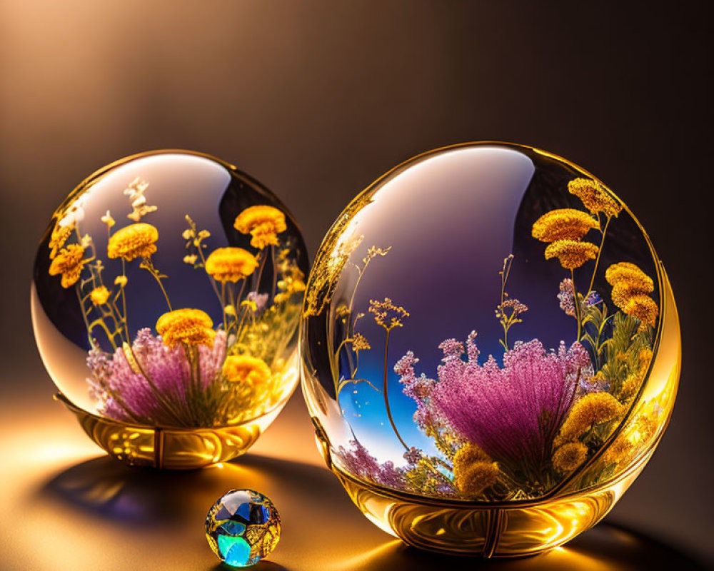 Ornate crystal balls with wildflowers in twilight setting