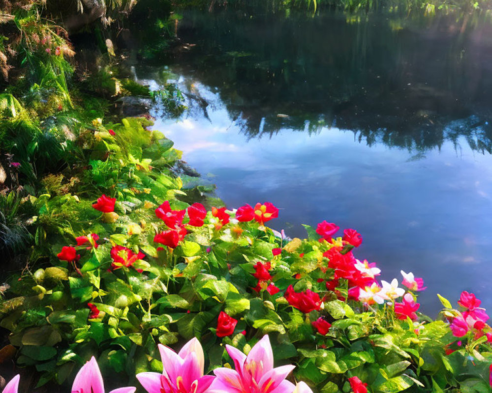 Colorful blooming flowers by serene pond with blue sky reflection, lush greenery, and soft sunlight