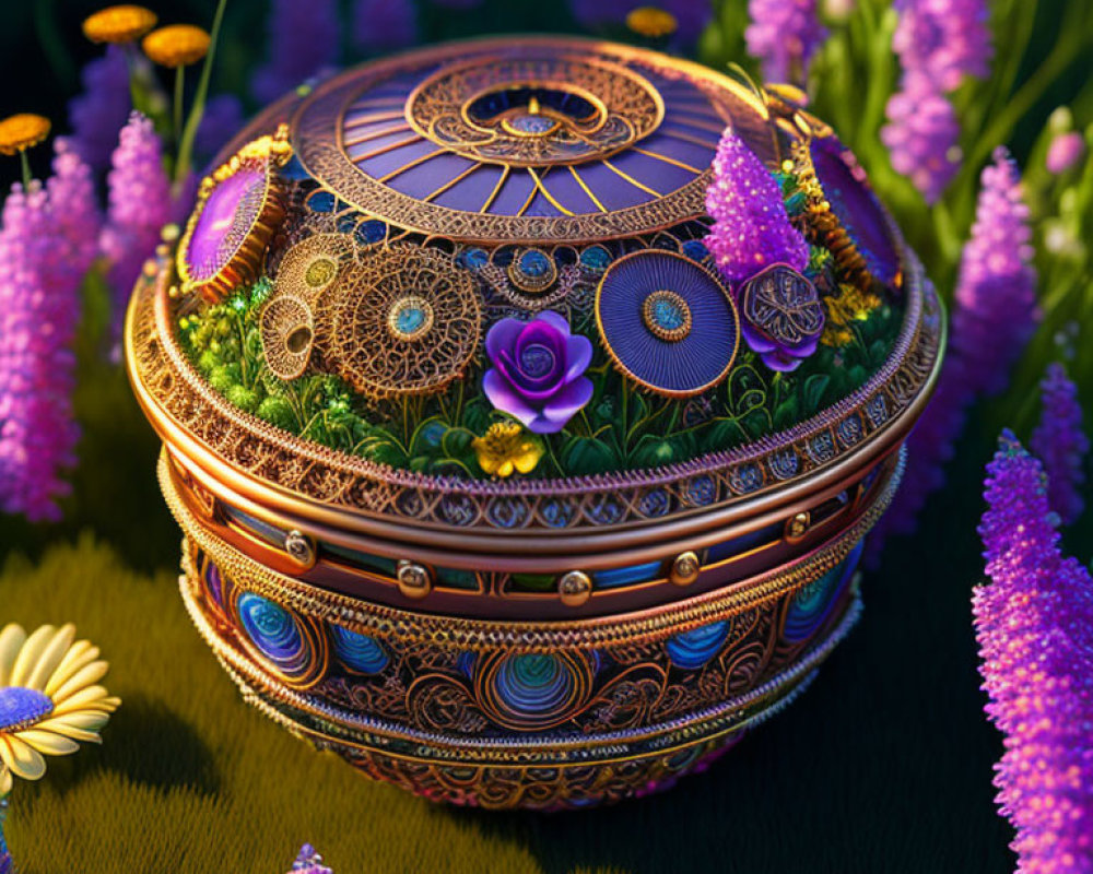 Ornate Circular Box with Colorful Flowers and Jewel-like Decorations