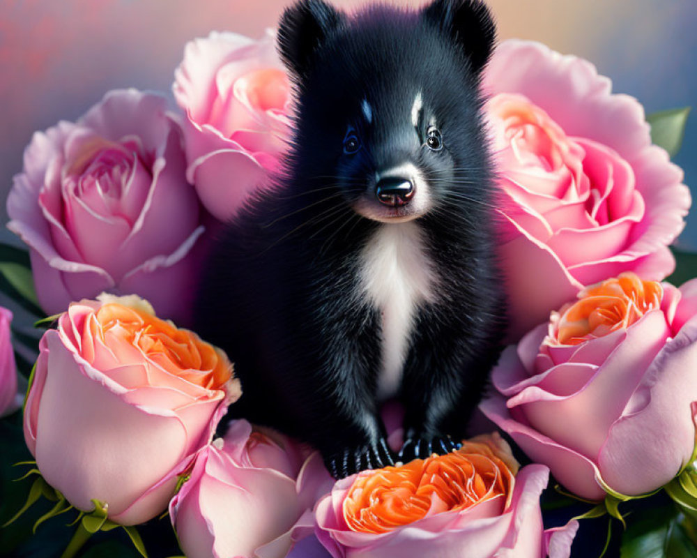 Adorable Black and White Bear Cub Surrounded by Pink Roses