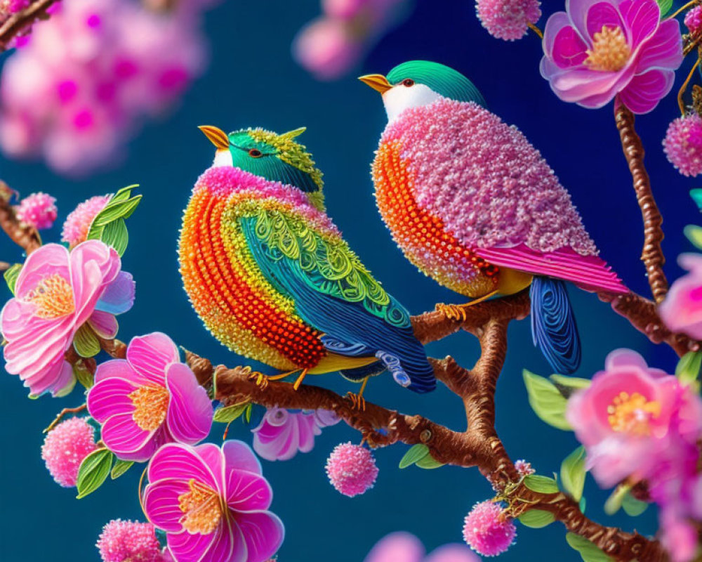 Colorful Birds Perched on Branch with Pink Blossoms on Blue Background