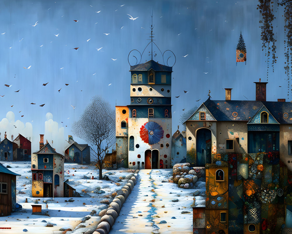 Whimsical birdhouse-inspired town in snowy landscape with flying birds