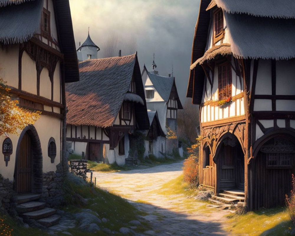 Medieval village with cobblestone path, thatched roofs, and flowering plants at dusk