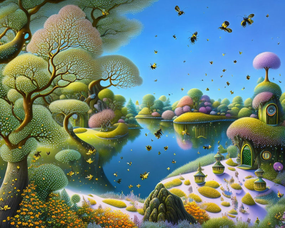 Whimsical landscape with colorful trees, flowers, lake, houses, and bees